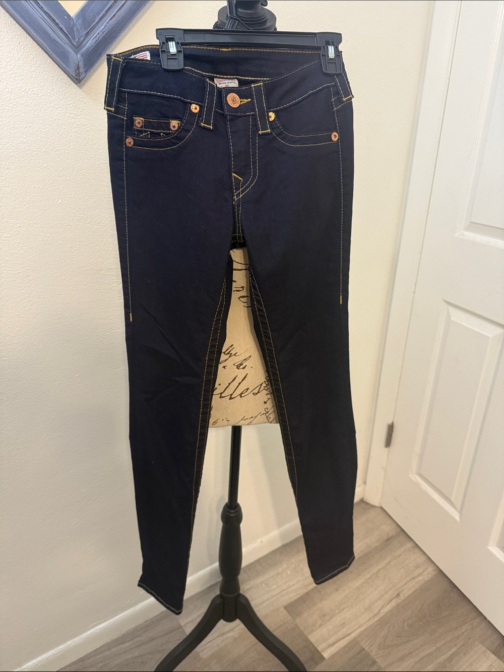 True Religion Women's Dark Indigo Skinny Jeans with Gold Stitching